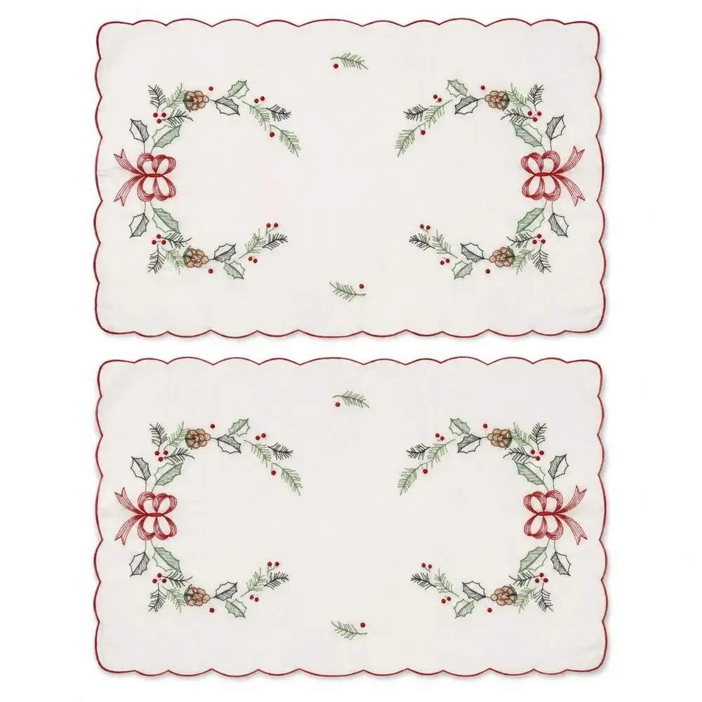 Vintage Hand Embroidered Christmas Dresser Scarves Wreath Holly Set of 2